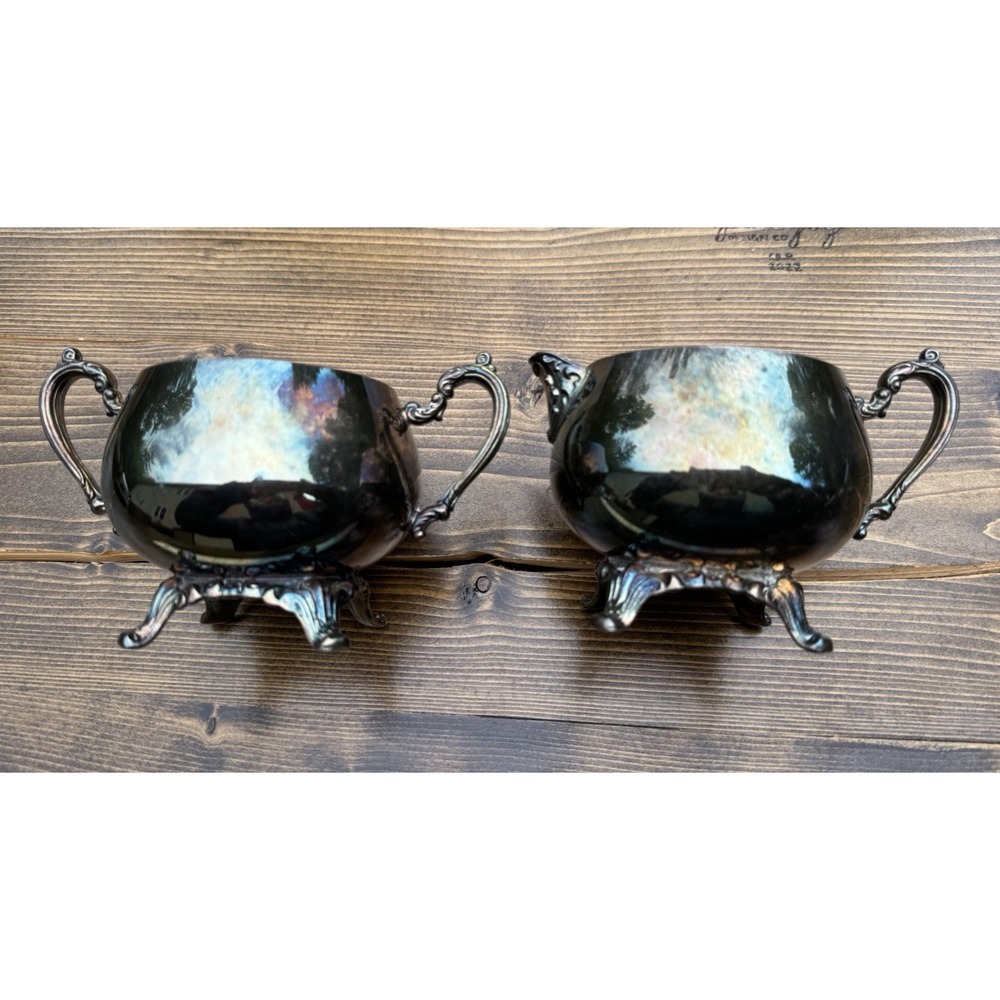 Vintage Oneida Silverplate Creamer Sugar Bowl Set Footed Ornate Handles